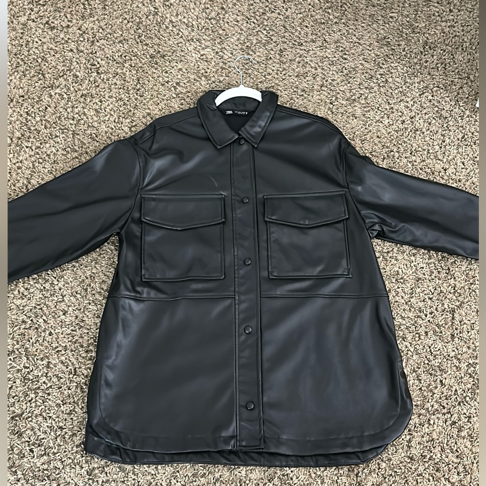 Zara Women’s Black Faux Leather Shirt Jacket